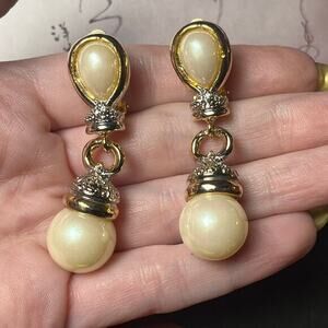 Vintage 1990s Elevated Gold Tone and Faux Pearl Dangle Clip On Earrings